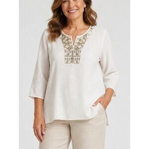 Spense XL White Tunic Top Boho Embroidered Sequin 3/4 Sleeve Blouse Flowy